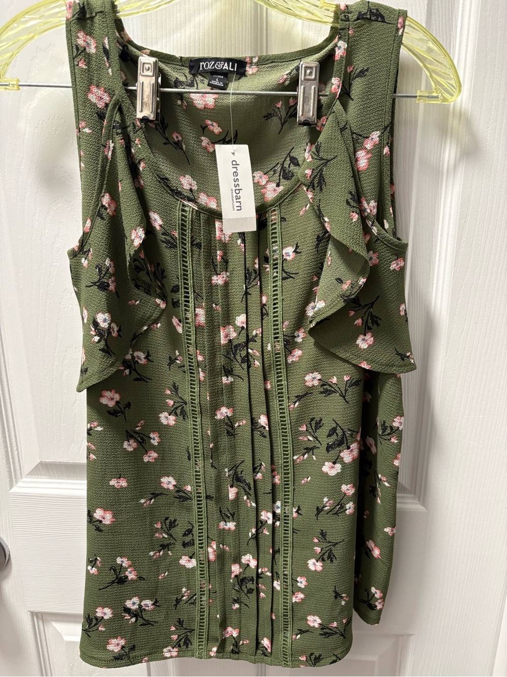 dressbarn Roz & Ali Olive Green Floral Tank with Pink Blossoms